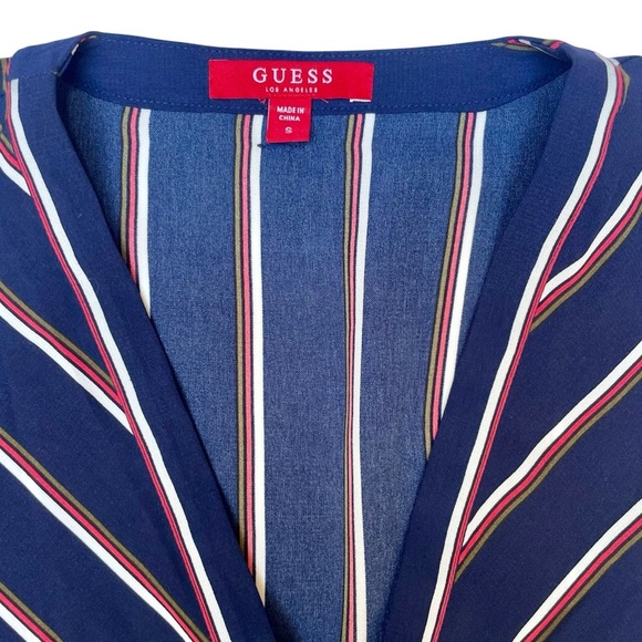 Guess Navy Striped V-Neck Blouse Size S - Long Puff Sleeves, Preppy Corpcore - Picture 4 of 15